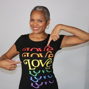 Love for All T-Shirt. Black with multi-color lettering.